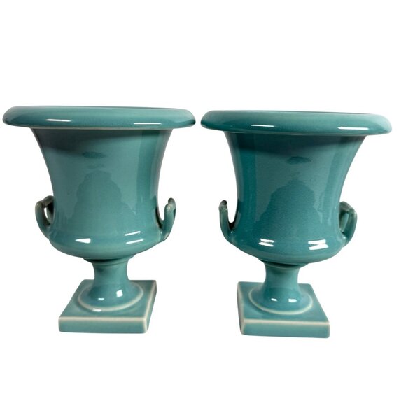 Trenton Potteries TAC Mini Vase Urn Planter 6" Turquoise Blue Porcelain Lot Of 2 - Picture 1 of 7